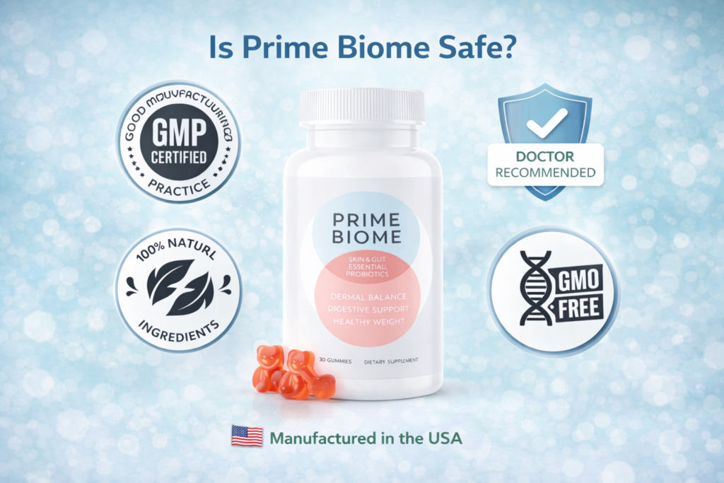 Prime Biome probiotic gummies bottle shown with quality and safety-related icons for informational purposes