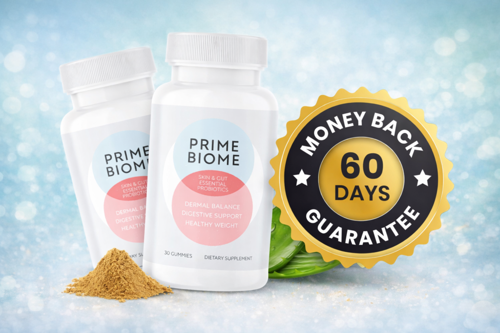 PrimeBiome probiotic gummies bottles shown with a 60-day money-back guarantee badge