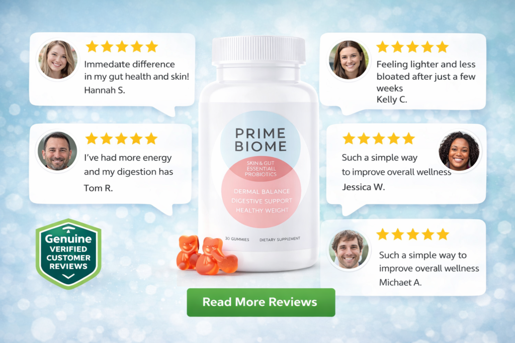 Prime Biome probiotic gummies bottle shown alongside customer review star icons for illustration