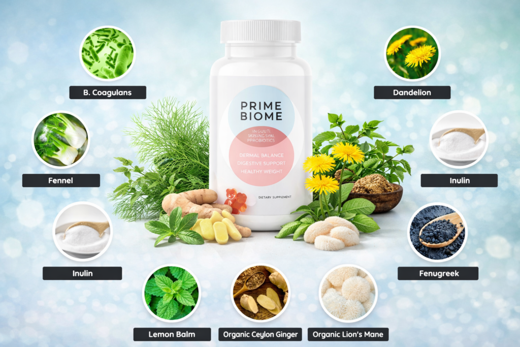 PrimeBiome probiotic gummies bottle shown with natural ingredients including herbs, botanicals, and probiotic components