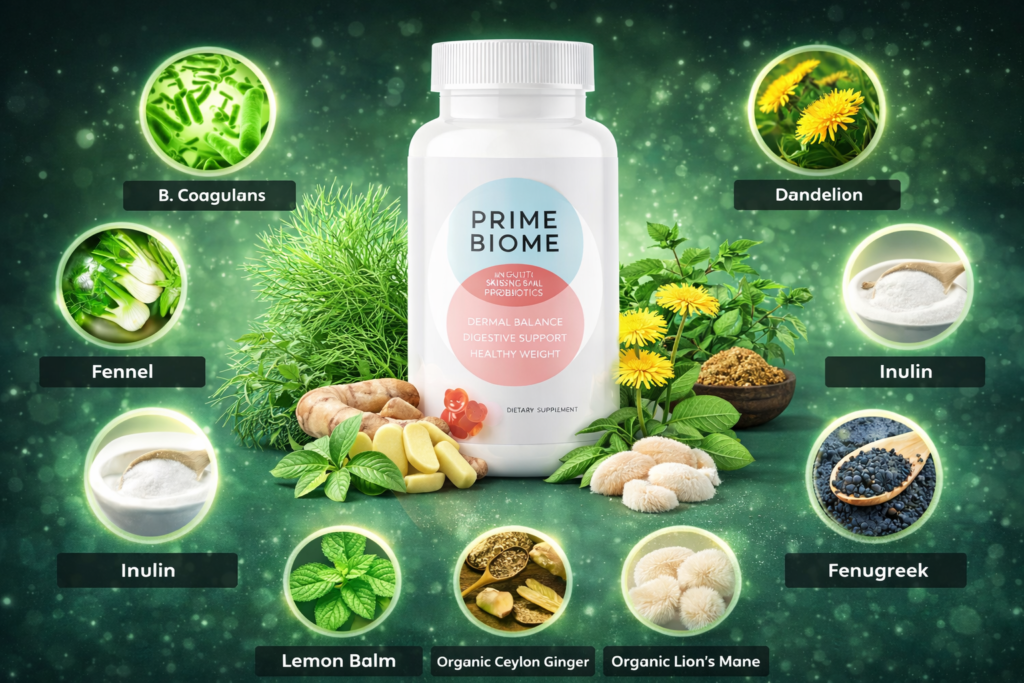 Prime Biome ingredients formula shown with probiotic gummy bottle and plant-based botanical components